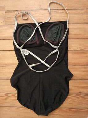 Vntg 90s Anne Cole Collection Black1Pc Silver Straps Cross Back Swimsuit Sz M/ 6